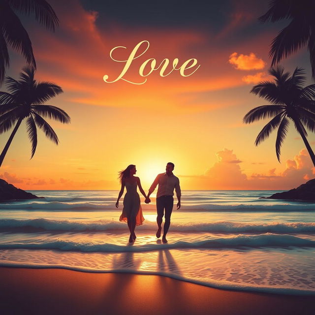 A romantic movie poster showcasing a beautiful sunset over a serene beach