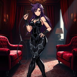 A striking anime-style image of a fierce latex dominatrix, exuding confidence and power
