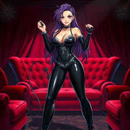 A striking anime-style image of a fierce latex dominatrix, exuding confidence and power