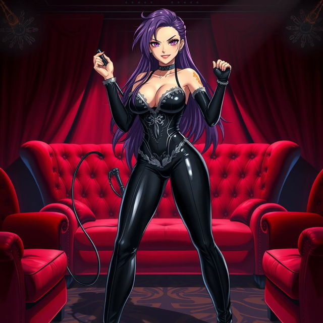 A striking anime-style image of a fierce latex dominatrix, exuding confidence and power