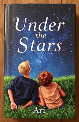 A captivating book cover featuring two 16-year-old boys lying on lush green grass, looking up at a starry night sky