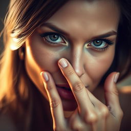 A striking close-up portrait of an erotic woman showing only her sensual face, where she is playfully covering her mouth with her hand