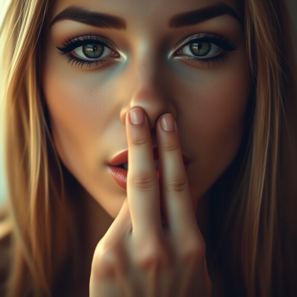 A striking close-up portrait of an erotic woman showing only her sensual face, where she is playfully covering her mouth with her hand