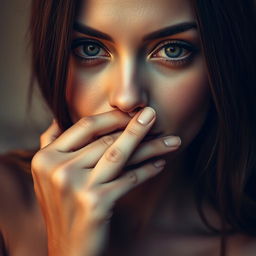 A striking close-up portrait of an erotic woman showing only her sensual face, where she is playfully covering her mouth with her hand
