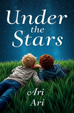 A captivating book cover featuring two 16-year-old boys lying on lush green grass, looking up at a starry night sky