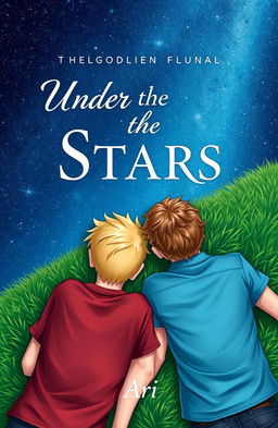 A captivating book cover featuring two 16-year-old boys lying on lush green grass, looking up at a starry night sky