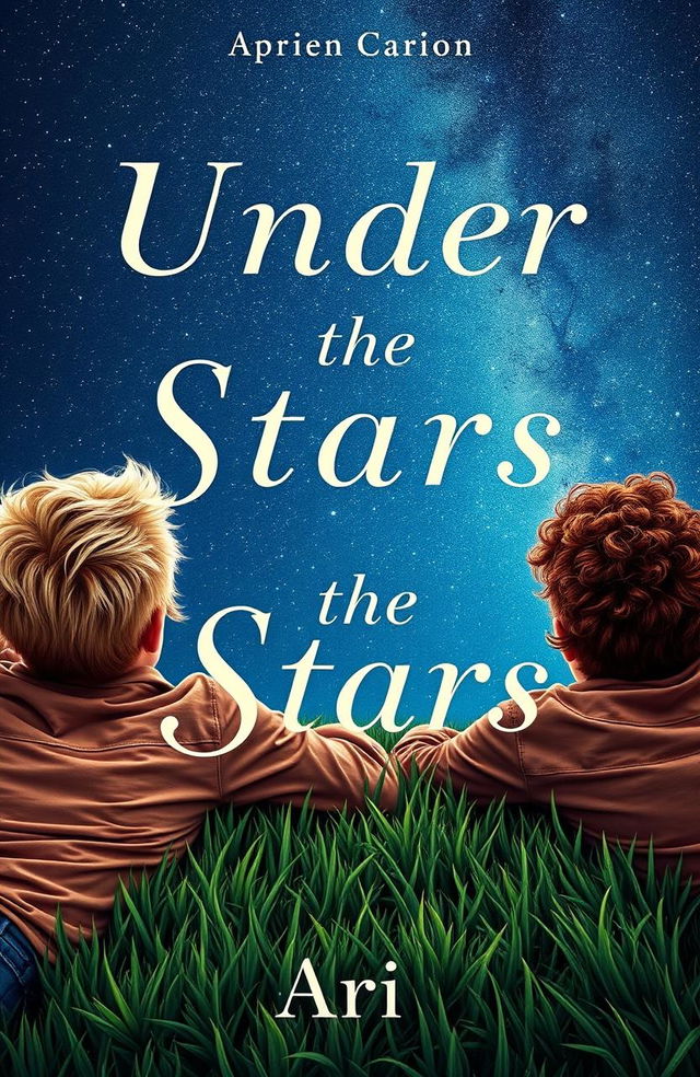 A captivating book cover featuring two 16-year-old boys lying on lush green grass, looking up at a starry night sky