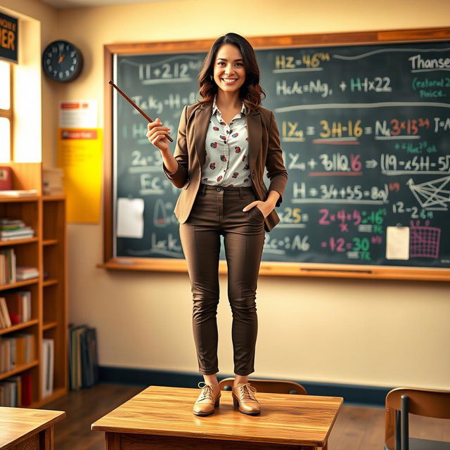 A confident and charismatic female teacher standing on a wooden desk in a classic classroom setting