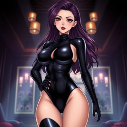 A striking anime-style illustration featuring a powerful latex-clad dominatrix exuding confidence and allure