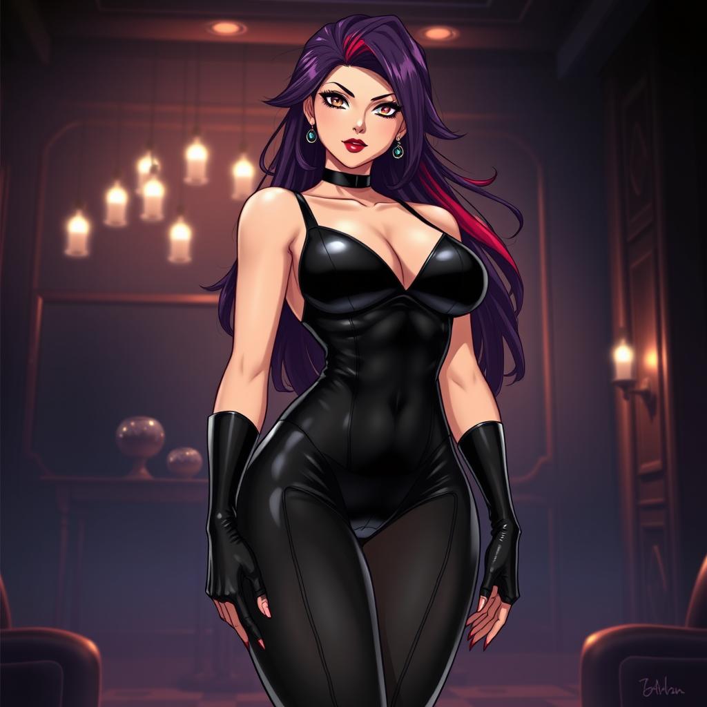 A striking anime-style illustration featuring a powerful latex-clad dominatrix exuding confidence and allure