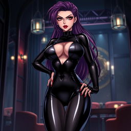 A striking anime-style illustration featuring a powerful latex-clad dominatrix exuding confidence and allure