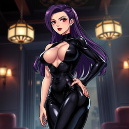 A striking anime-style illustration featuring a powerful latex-clad dominatrix exuding confidence and allure