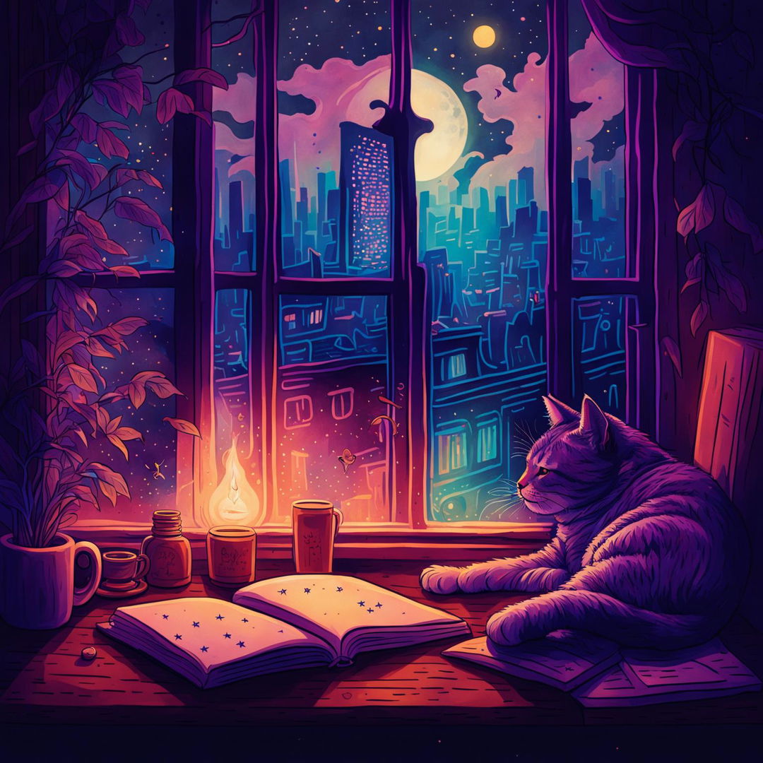 A tranquil lo-fi album cover featuring a cozy room with a cityscape view, cluttered desk with vinyl player and sleeping cat, adorned with fairy lights and bathed in twilight's soft glow.