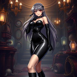 A striking anime-style illustration of a powerful female dominatrix dressed in sleek black latex