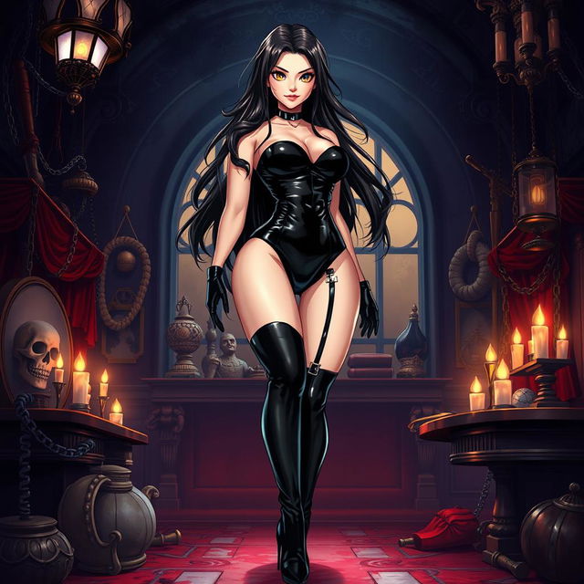 A striking anime-style illustration of a powerful female dominatrix dressed in sleek black latex