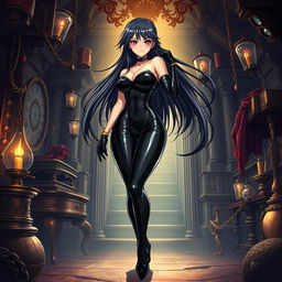 A striking anime-style illustration of a powerful female dominatrix dressed in sleek black latex