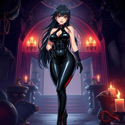 A striking anime-style illustration of a powerful female dominatrix dressed in sleek black latex