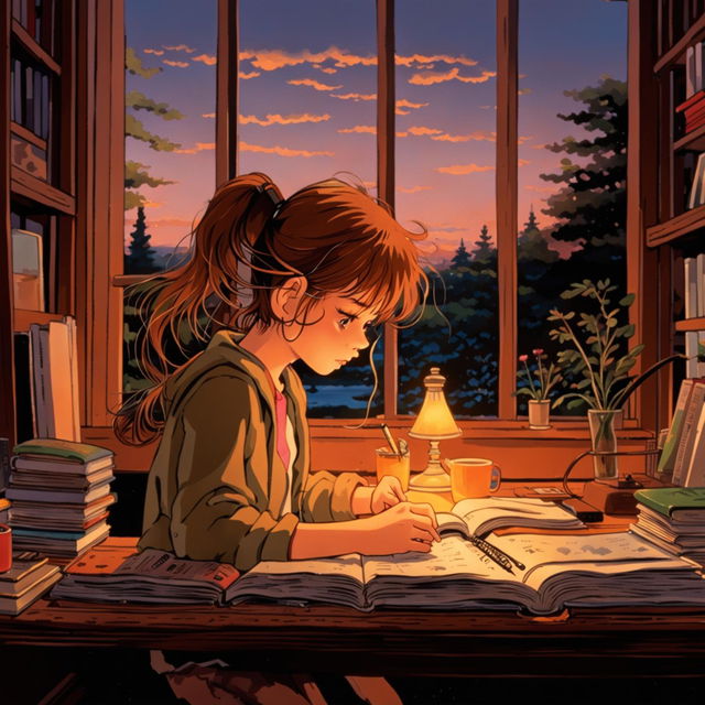 A Ghibli-style image of a girl studying at a cluttered desk with headphones on, surrounded by bookshelves and a window revealing a twilight landscape.