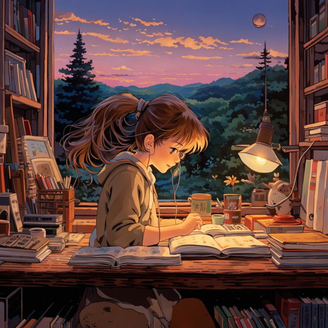 A Ghibli-style image of a girl studying at a cluttered desk with headphones on, surrounded by bookshelves and a window revealing a twilight landscape.