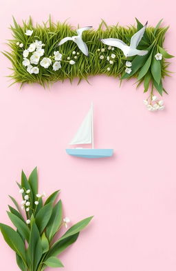 A pastel pink background with a frame filled with lush green grass and delicate Lilly of the Valley flowers, positioned beautifully