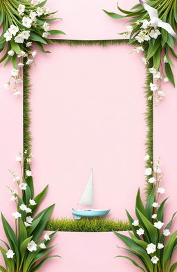 A pastel pink background with a frame filled with lush green grass and delicate Lilly of the Valley flowers, positioned beautifully