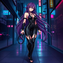A striking anime character styled as a latex dominatrix, featuring a sleek black latex outfit with intricate designs, high heels, and bold dominant posture