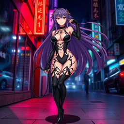 A striking anime character styled as a latex dominatrix, featuring a sleek black latex outfit with intricate designs, high heels, and bold dominant posture