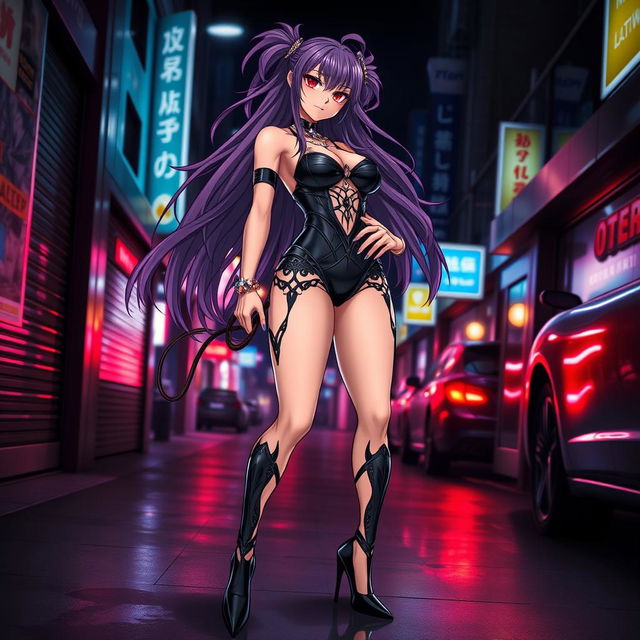 A striking anime character styled as a latex dominatrix, featuring a sleek black latex outfit with intricate designs, high heels, and bold dominant posture