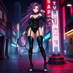 A striking anime character styled as a latex dominatrix, featuring a sleek black latex outfit with intricate designs, high heels, and bold dominant posture