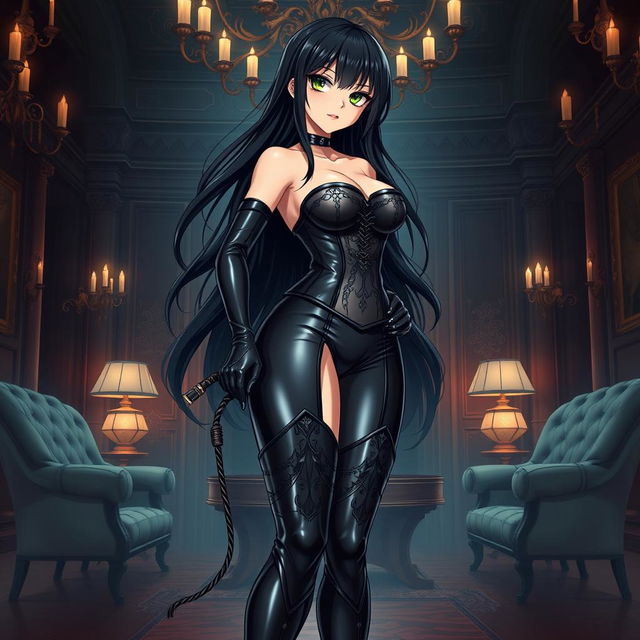 A striking anime-style illustration featuring a powerful latex dominatrix