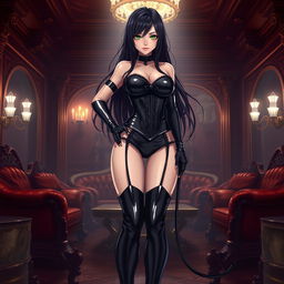A striking anime-style illustration featuring a powerful latex dominatrix