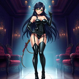 A striking anime-style illustration featuring a powerful latex dominatrix