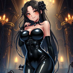 An anime-style illustration of a latex-clad slave girl, featuring glossy black latex attire that hugs her curves, with detailed reflections