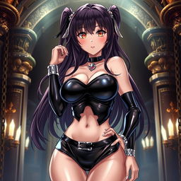 An anime-style illustration of a latex-clad slave girl, featuring glossy black latex attire that hugs her curves, with detailed reflections