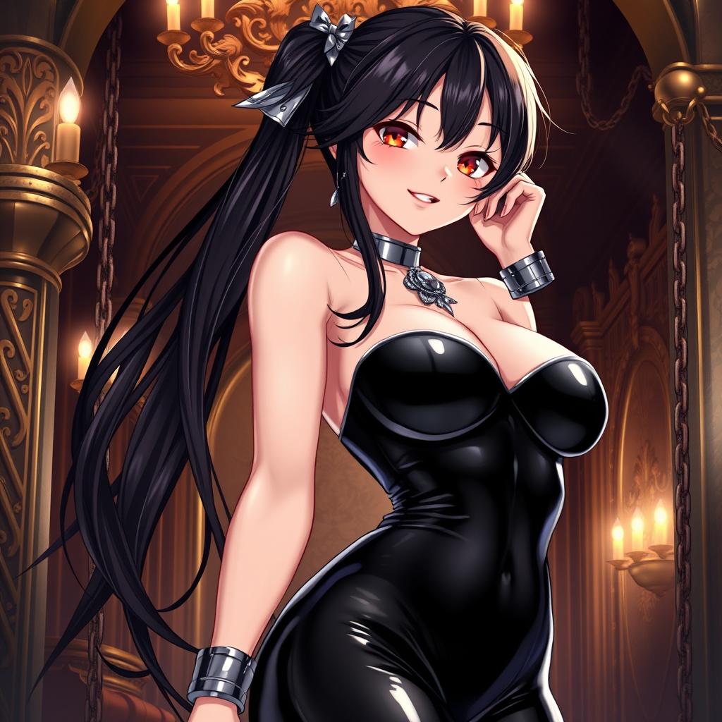 An anime-style illustration of a latex-clad slave girl, featuring glossy black latex attire that hugs her curves, with detailed reflections