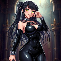 An anime-style illustration of a latex-clad slave girl, featuring glossy black latex attire that hugs her curves, with detailed reflections
