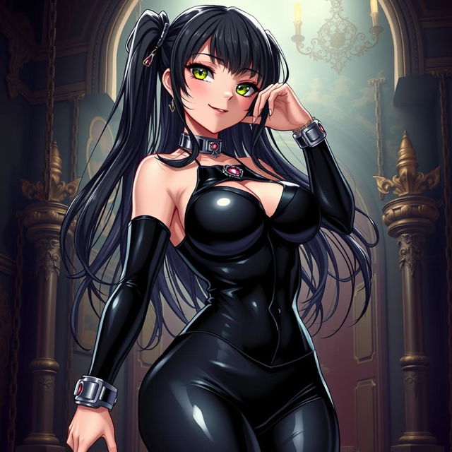 An anime-style illustration of a latex-clad slave girl, featuring glossy black latex attire that hugs her curves, with detailed reflections