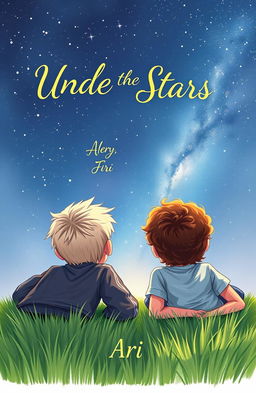 A beautiful book cover illustration featuring two boys lying on their stomachs on green grass, gazing up at a starry night sky