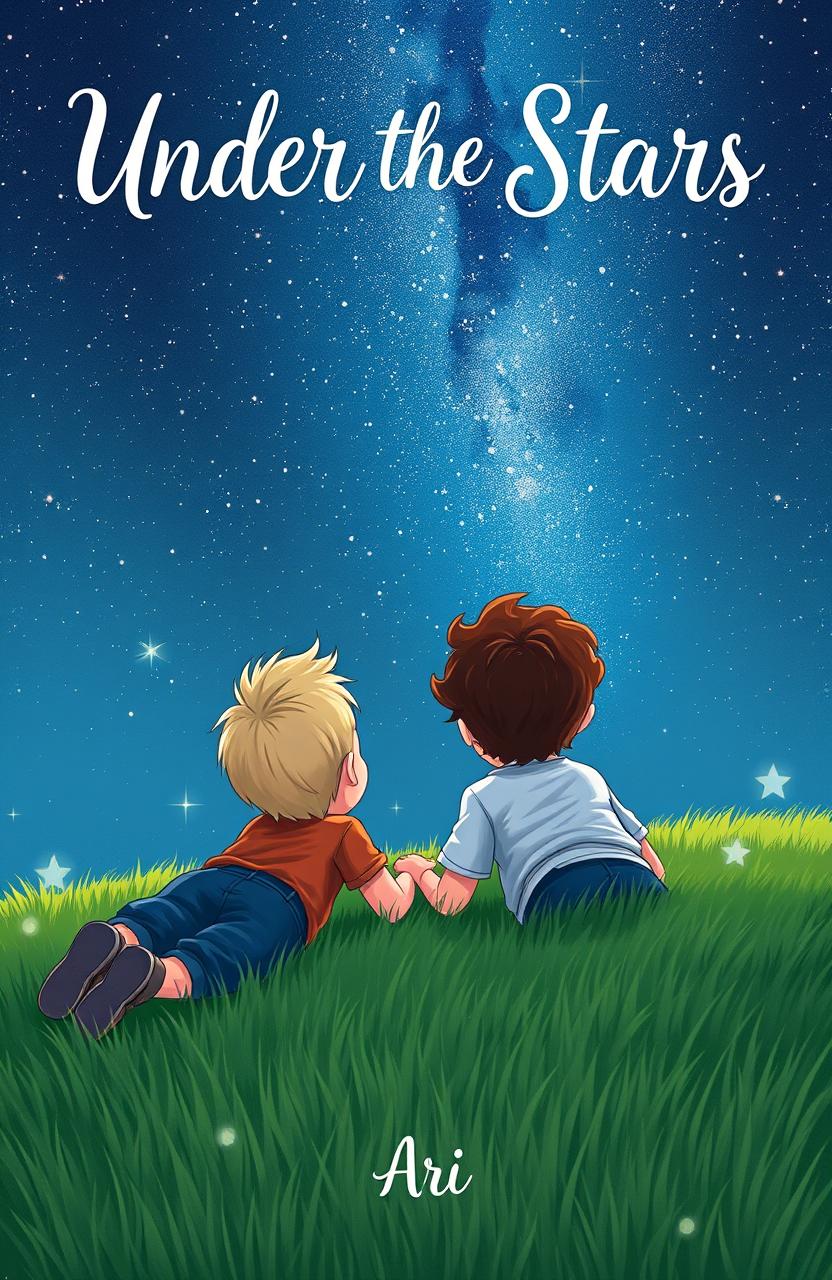 A beautiful book cover illustration featuring two boys lying on their stomachs on green grass, gazing up at a starry night sky