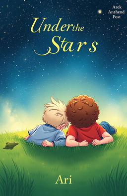 A beautiful book cover illustration featuring two boys lying on their stomachs on green grass, gazing up at a starry night sky