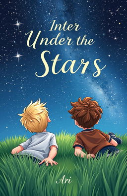A beautiful book cover illustration featuring two boys lying on their stomachs on green grass, gazing up at a starry night sky