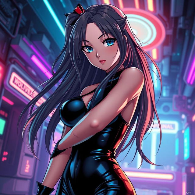 A captivating anime-style scene featuring a latex-clad slave girl in a futuristic setting