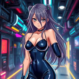 A captivating anime-style scene featuring a latex-clad slave girl in a futuristic setting
