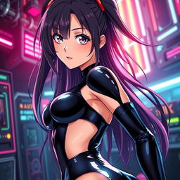 A captivating anime-style scene featuring a latex-clad slave girl in a futuristic setting