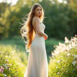 A full body portrait of an elegant female figure, standing confidently with her head held high