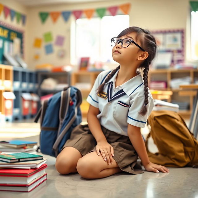 A female student kneeling on a classroom floor, wearing a school uniform, with a backpack beside her