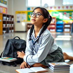 A female student kneeling on a classroom floor, wearing a school uniform, with a backpack beside her