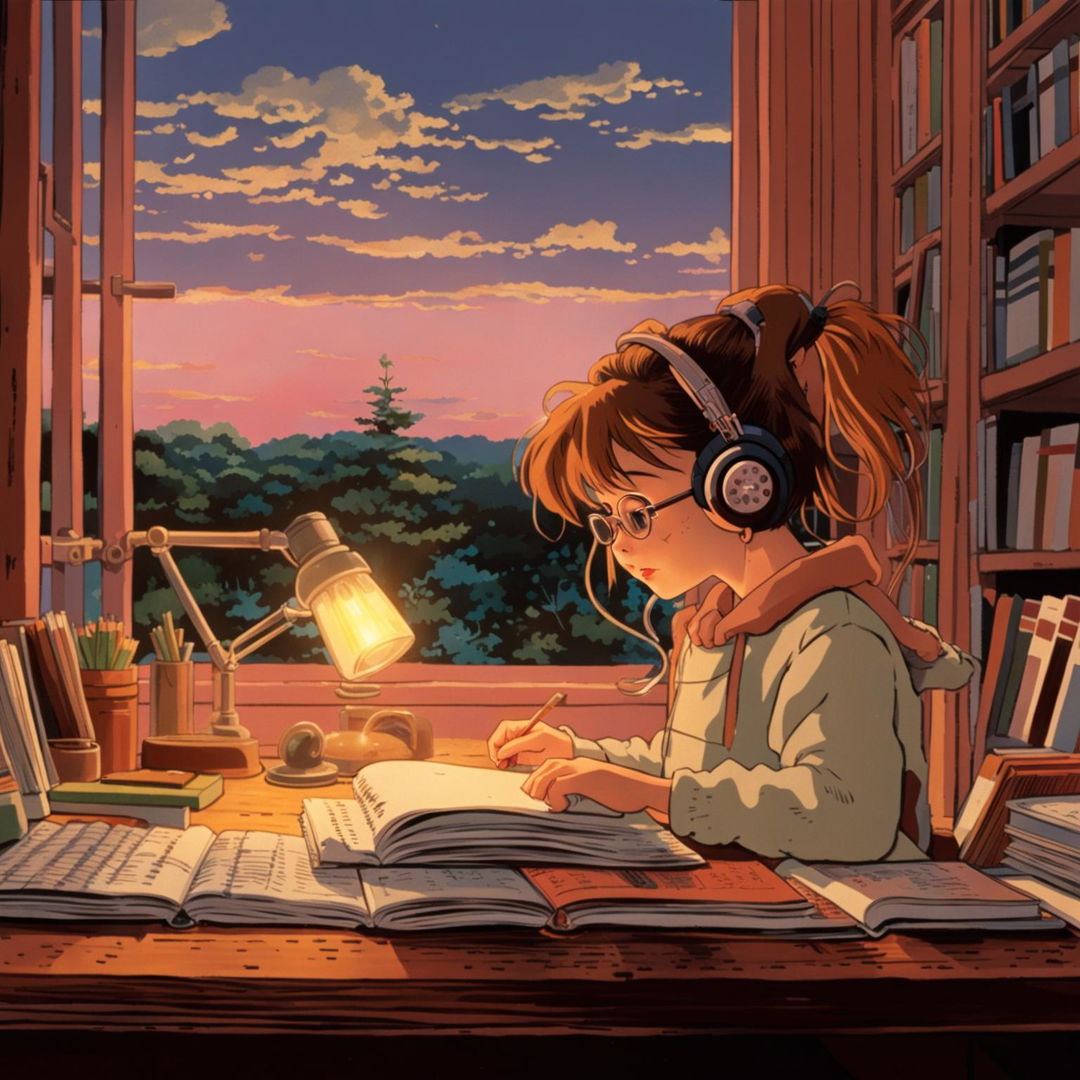 A Ghibli-style image of a girl studying at a cluttered desk with headphones on, surrounded by bookshelves and a window revealing a twilight landscape.