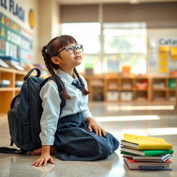 A female student kneeling on a classroom floor, wearing a school uniform, with a backpack beside her