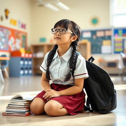 A female student kneeling on a classroom floor, wearing a school uniform, with a backpack beside her